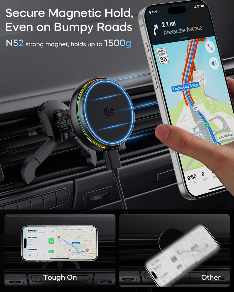 Qi2.2 25W for MagSafe Car Mount Charger, Wireless Car Charger | Cooling Fan, 45W Adapter, Air Vent Magnetic Car Phone Holder, Fast Charging for iPhone 17/16/15 Series & Samsung Galaxy