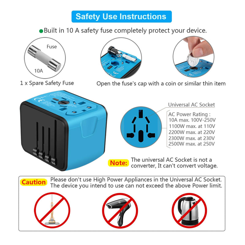 Travel Adapter Worldwide, Universal International Power Plug Adapter W/2.4A 3xUSB-A and 3.0A Type-C Wall Charger, European Travel Plug Adapter for Europe UK EU US CA AU Italy Asia-Blue 3A+1C ( Blue )