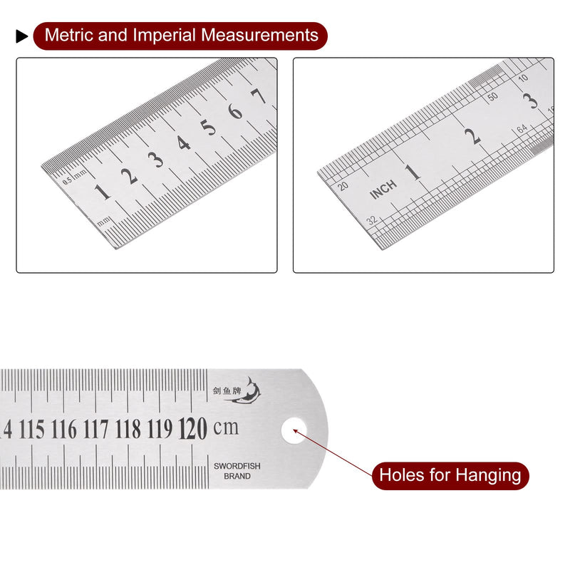 HARFINGTON Stainless Steel Ruler 120cm/48 Length x 1/20" Thick x 1-1/2" Wide Inch and Metric Straight Edge Measuring Tools for Woodworking Painting Craft, Silver Tone 48"x1/20"x1-1/2"