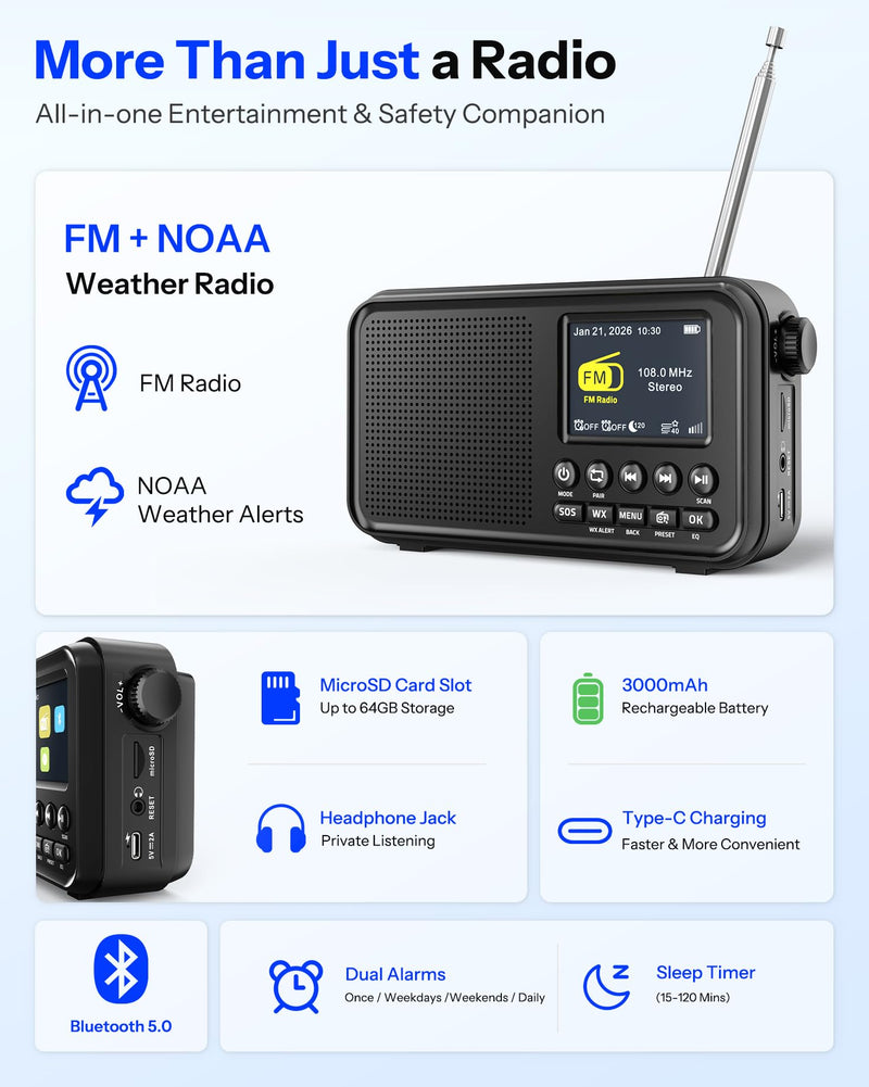 Portable FM Radio with Bluetooth, NOAA Weather Radio, 3000mAh Rechargeable | Auto Scan 40 FM Presets, 8W Speaker, 6 EQ Modes, Dual Alarms, Sleep Timer, 2.4" Color Display, Emergeny Radio SOS Black