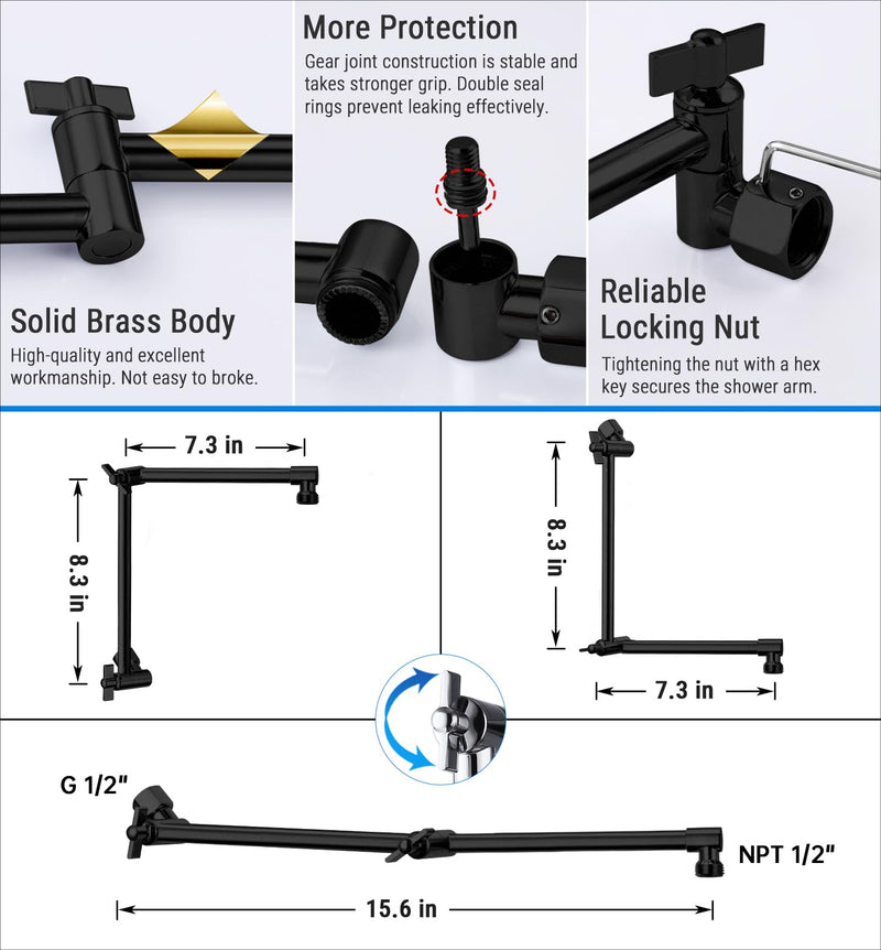 G-Promise 16 Inch Shower Extender with 6 Inch Shower Arm and Flange, Solid Brass Height & Angle Adjustable Extension Arm with Lock Joint, Compatible with Rainfall or Fixed Shower Head (Matte Black) Matte Black