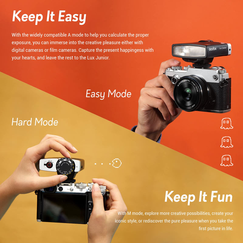 Godox Lux Junior Retro Camera Flash Speedlite | GN12, 6000K fixed color temp, auto & manual mode, S1/S2 optical sync, compatible with Canon, Nikon, Sony, Fuji, Olympus