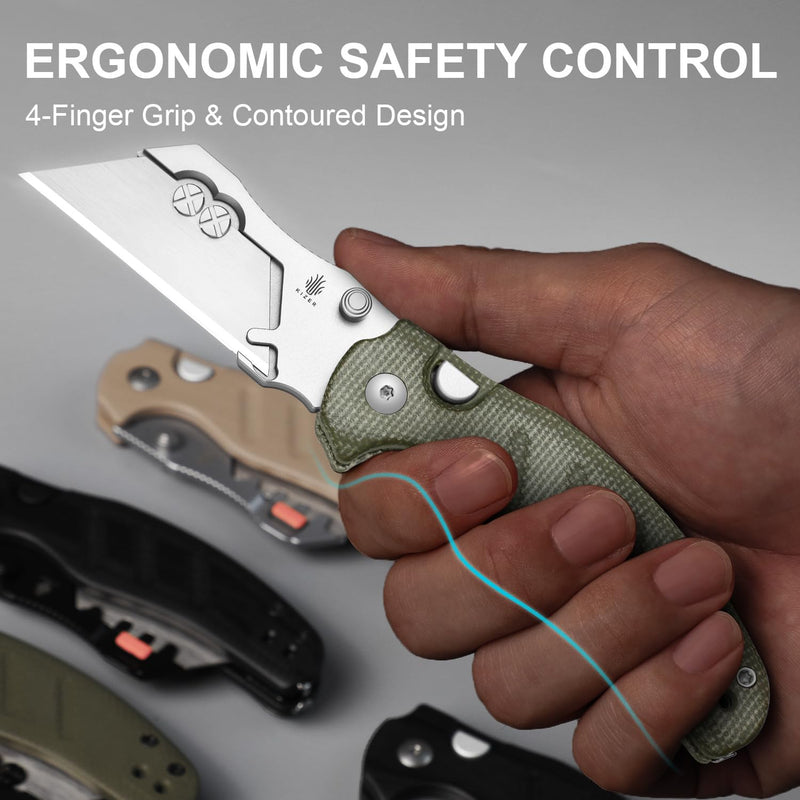 Kizer C01C Uti 1 (Dual-screw Version) Utility Knife, Button Liner Lock Box Cutter EDC Pocket Knife with 5PCS Razor Blades, Green Micarta Handle Small Folding Knives for Men Women, V3488.29JSM1 Light Green