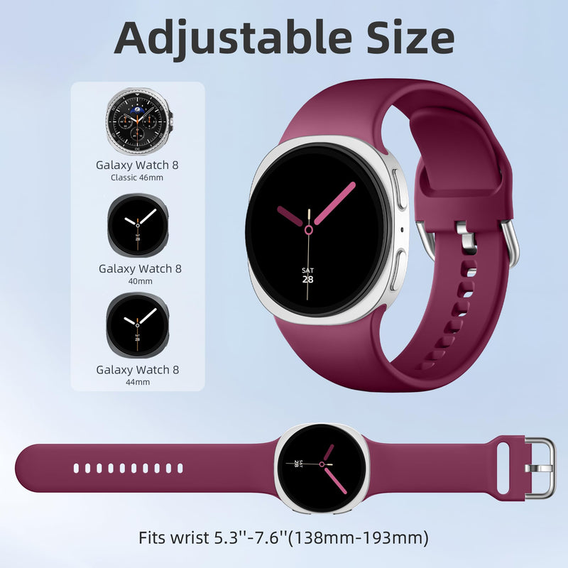 Sport Band for Samsung Galaxy Watch 9 8 40mm 44mm/Watch 8 Classic 46mm | 5 Pack No Gap Soft Silicone Strap, Waterproof Replacement Wristband for Samsung Watch Bands Men Women Black/Pink/Gray/Dark Purple/Wine Red
