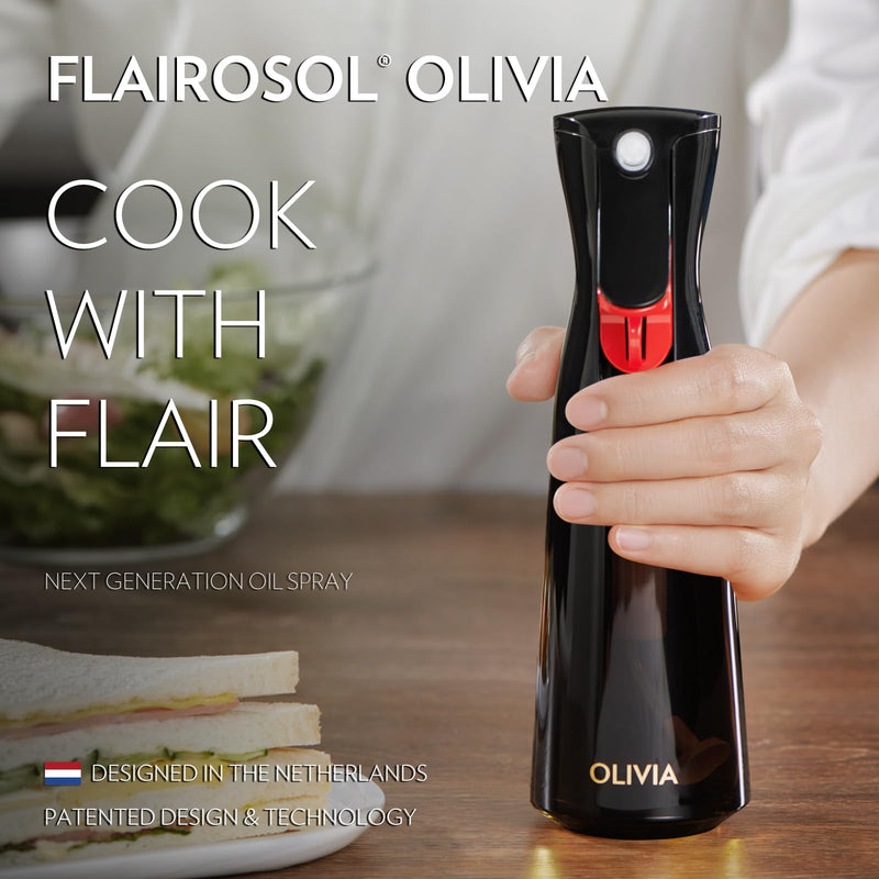 FLAIROSOL OLIVIA Oil Sprayer for Cooking, 200ml Glass Olive Oil Sprayer, Continuous Cooking Spray Dispenser with Portion Control for Kitchen, Air Fryer, Salad, BBQ (Black Bottle, Gold Print) 1 Pack Black