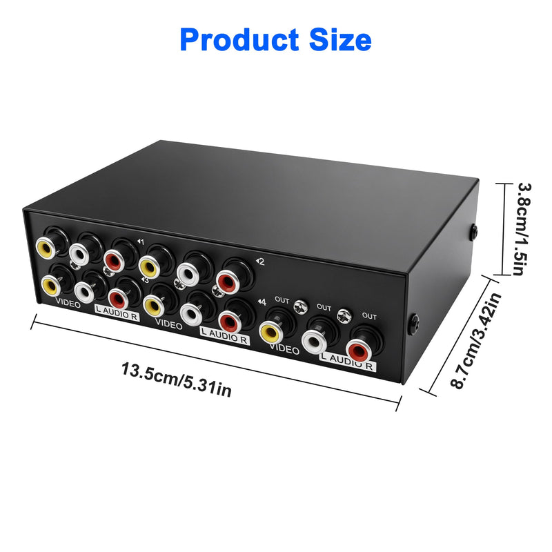 MEIRIYFA 4 Way AV RCA Switcher Splitter 4 in 1 Out 4 Port AV RCA Switch | 4-in-1 Composite Video L/R Audio Switcher Selector Box for DVD Player, Game Consoles TV Monitor Projector