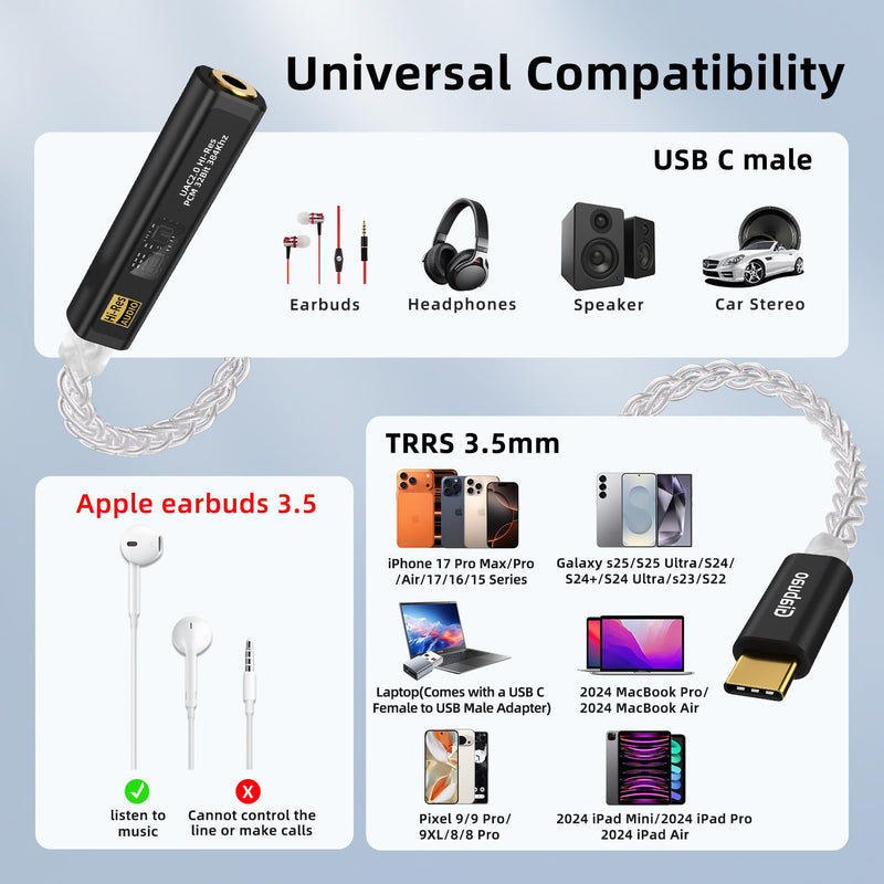 USB C to 3.5mm Audio Adapter with CX31993+MAX97220 DAC Amplifier | DAC Dongle Headphone Amp 8-Strand 4N Silver Plated Cable for iPhone /Android/Samsung/Mac/IEMs Earphones,HiFi 32Bit/384kHz Black