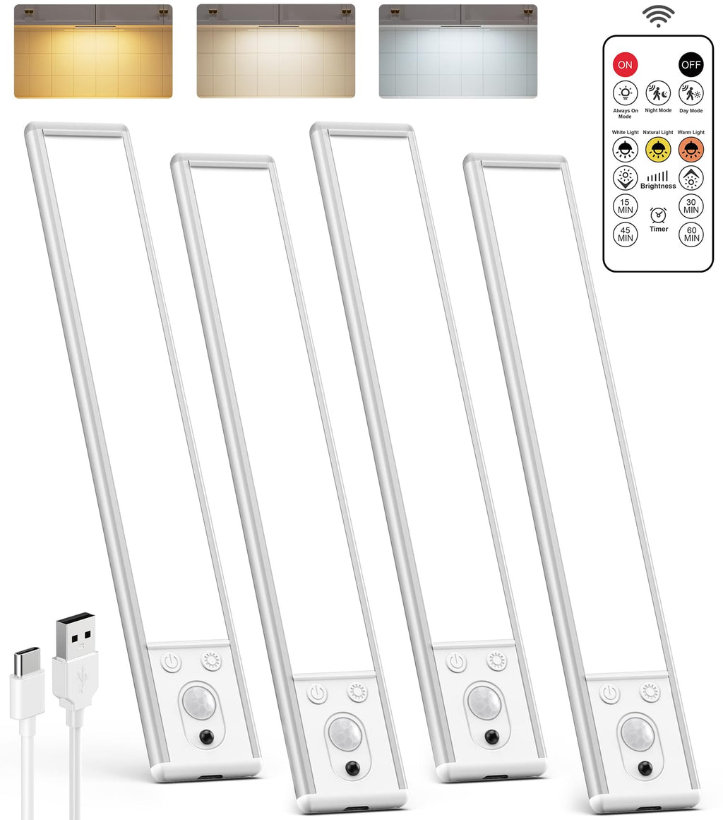 Under Cabinet Lighting Wireless, 2200mAh Rechargeable Battery Operated Motion Sensor Light Indoor, 3 Color Temps Under Counter Light, Dimmable Wireless Closet Lights w/Remote for Kitchen,Pantry,4 Pack White-10 Inch 4 Pack