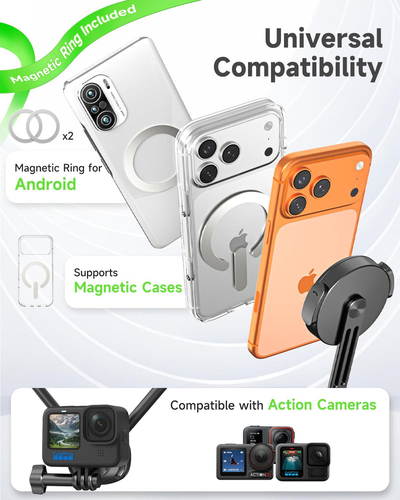 2-in-1 Magnetic&Clip-on Neck Phone Holder,59" Extended Chest Strap | Hands Free POV/Vlog Phone Neck Holder,Magnetic Neck Mount for Phones,iPhone 12-17&Android,Comfortable Recording