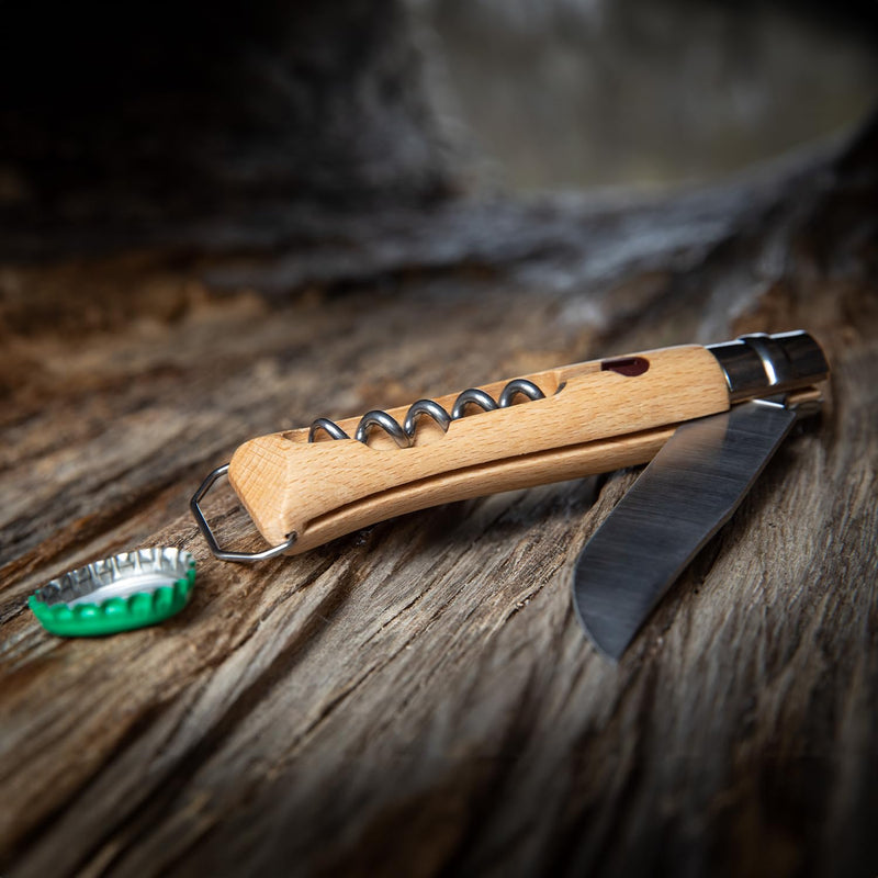 Opinel No. 10 Stainless Steel Corkscrew Wine and Cheese Folding Knife, Integrated Corkscrew + Bottle Opener, Beechwood Handle - Picnic Pocket Knife Made in France (Updated Version) Updated Version