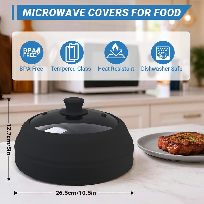Microwave Splatter Cover Glass,10.5 Inch Collapsible Microwave Cover for Food Glass, Silicone Vented Splatter Guard Lid, Silicone Dish Plate Cover, Dishwasher Safe, Heat Resistant, BPA-Free, Black