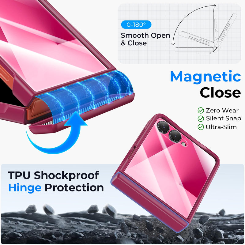 Kaiiecal for Samsung Galaxy Z Flip 7 Case with Ring [Anti-Yellowing][Built-in Screen Protector][Hinge Protection] Translucent Matte Shockproof Protective Slim Case for Galaxy Z Flip 7(Magenta) Magenta