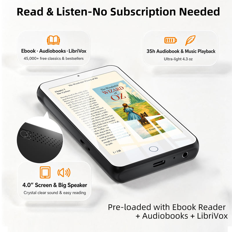 TIMMKOO 4'' Portable Audiobook Player No Ads No Distractions BT and WiFi | Touch Screen Audio Book Player with Bluetooth & WiFi, Loud Speaker, Built-in Audiobook and eBook Apps, 35H Battery, Up to 1TB Wihte+Black
