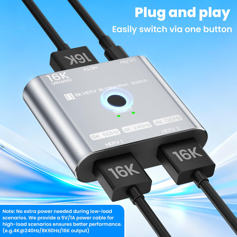 HDMI 2.1 Switch 16K/8K@120Hz/4K@240Hz - HDMI Switch 2 in 1 Out/HDMI Switch 1 in 2 Out, HDMI Splitter with VRR HDR10+ Dolby Atmos, 48Gbps HDMI Switcher for PS5/4 Xbox Switch 2 Roku Firestick Apple TV