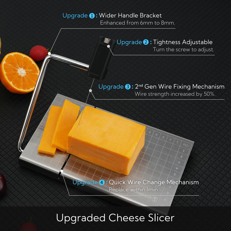 KITCHENDAO Replaceable Wire Cheese Slicer with Board and Measuring Grids,Tightness Adjustable Cheese Slicer, Stainless Steel Metal Cheese Cutter for Block Cheese, Dishwasher Safe, with 2 Extra Wires KD20326 Cheese Slicer(Black Handle)