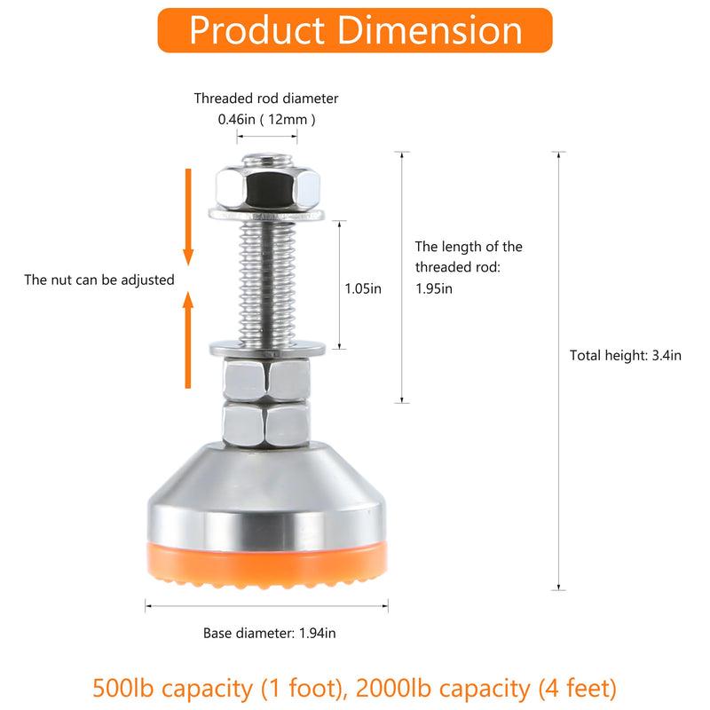 Heavy Duty 2000 lb Capacity Stainless Steel Adjustable Leveling Feet for Shelving,Machinery Devices, Workbench,Furniture,M12 Thread, 1.94inches Dia Base, Anti-Slip Nylon Pad Orange B1.94in x M12 x H1.97in