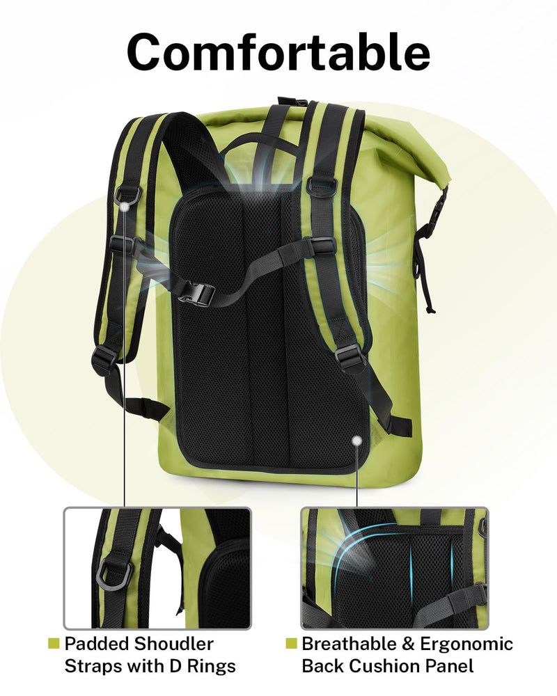 Gonex Waterproof Ultralight TPU Backpack 35L Roll Top Dry Bag, Kayaking | Back Padding, Camping, Fishing, Travel, Adjustable Straps, External & Internal Storage Pockets, Green