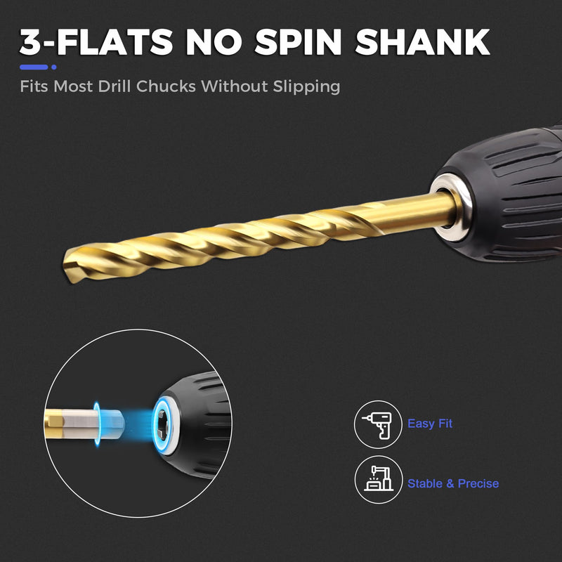 20Pcs M35 Cobalt Drill Bit Set 1/16"-1/2", Three-Flute Design,Titanium Coat | Metal Drill Bit for Stainless Steel & Hardened Metal, Cast Iron,125° Split Point, 3-Flat Shank, with Indexed Storage Case 20Pcs