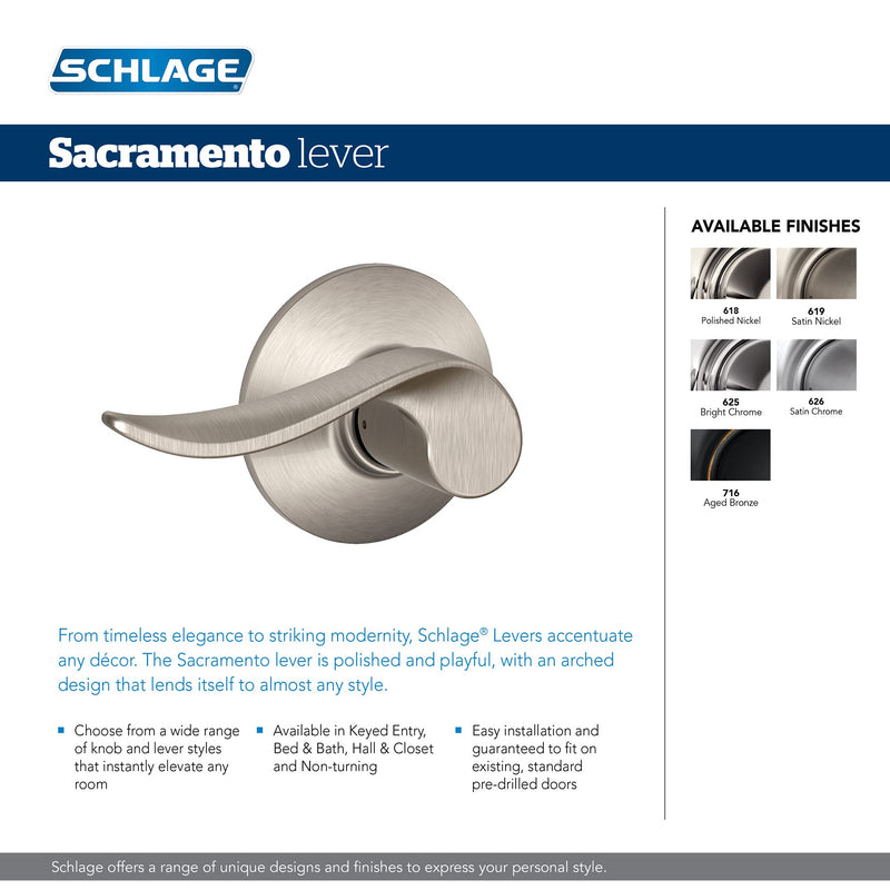 Schlage F10 SAC 619 Sacramento Door Lever, Hall & Closet Passage Lock, Satin Nickel (Pack of 1)