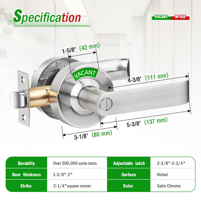 Vacant Occupied Bathroom Door Lock - Stainless Steel Privacy Door Handle with Indicator Sign, Fits 1-3/8" to 2" Door, ANSI Grade2 Commercial Door Locks for Restroom Stall, Office, Gym (Silver) Silver-Door handle
