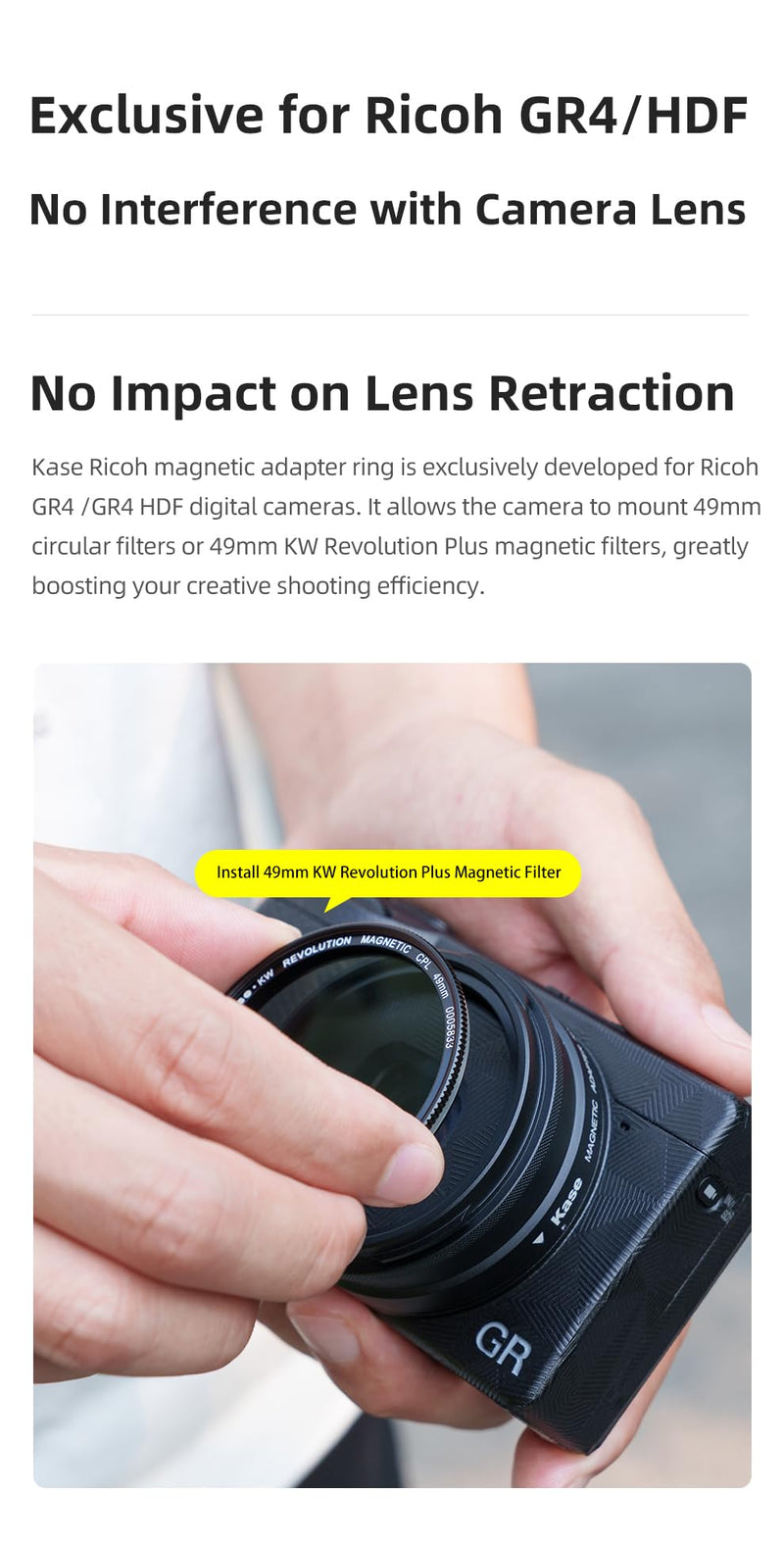 Kase Magnetic Adapter Ring Compatible with Ricoh GR4 Camera Accepts Kase 49mm Filters