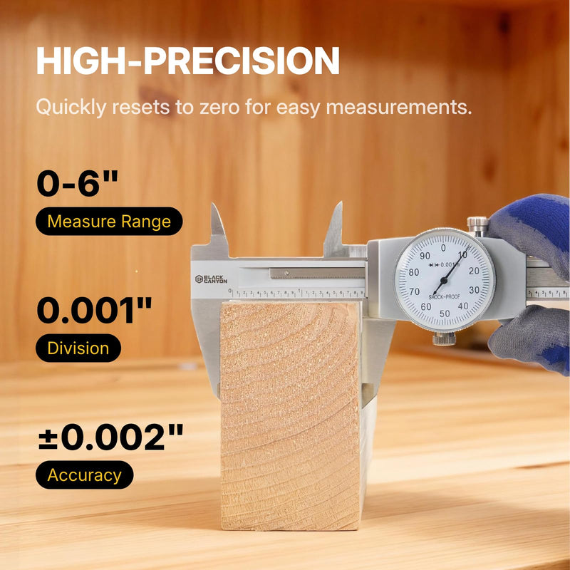 BLACK CANYON 6" Dial Caliper, 6 Inches Measurement, Caliper Measuring Tool, 0.001 inch fine Graduation, 4-Way Measurements, Hardened 4R13 Stainless Steel, Ideal for DIY/Household T7-1026