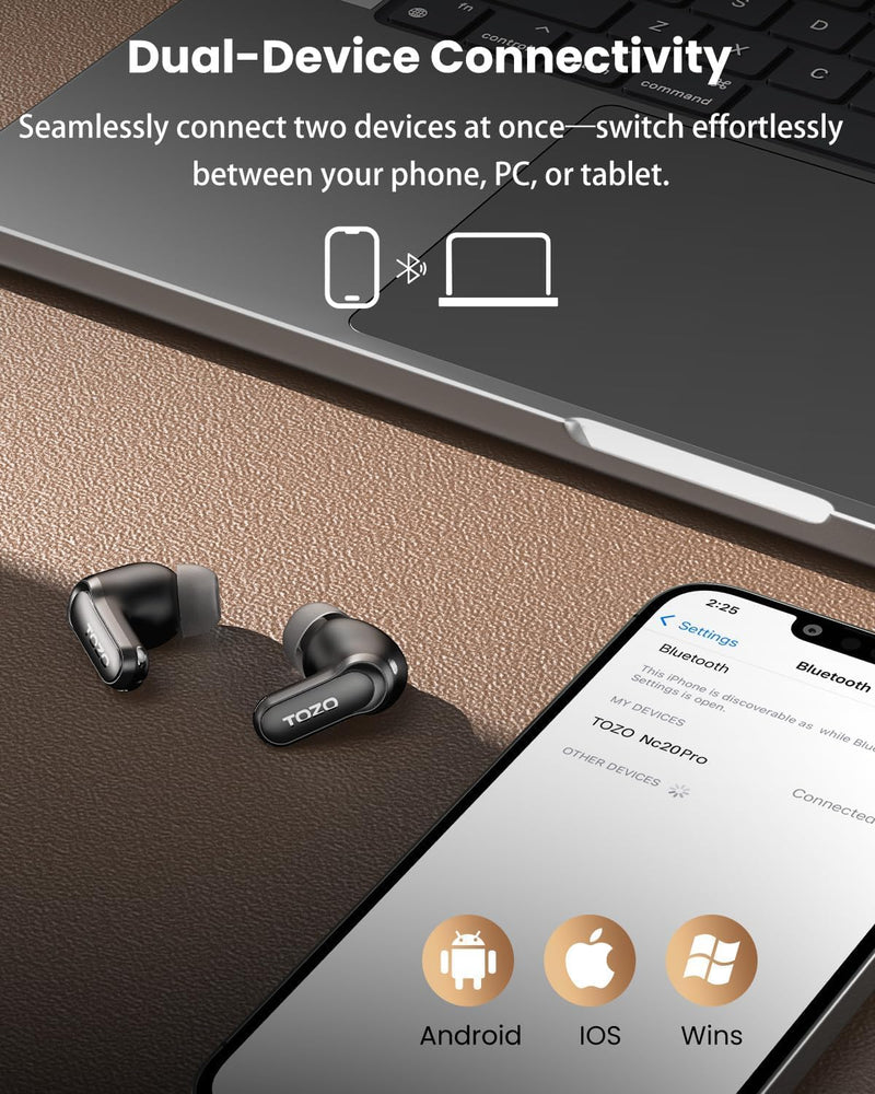 TOZO NC20 Pro Active Noise Cancelling Wireless Earbuds, Smart LCD Screen | LDAC Hi-Res Audio, Stereo Bass, 6 Mics AI Call Ear Buds, 80H Playtime, IPX8 Waterproof, 32 EQ via App Wireless Charging Black Ink Black Small LCD Smart Screen