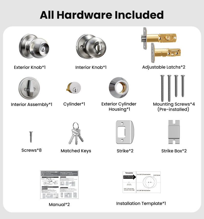 Veise Keyed Alike Exterior Door Knob and Single Cylinder Deadbolt Combo Set, Easy Installation Keyed Same Entry Door Lock for and Entrance Front Door, Heavy Duty, Brushed Nickel 1