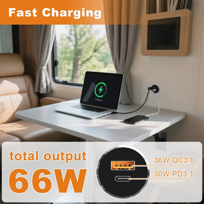 66W 12V USB Outlet 2 Pack, PD 3.1 Type-C 30W&QC3.0 USB-C Laptop Charger Socket Dual Port Aluminum Fast Charging Recessed Mount Car Charger Replacement for RV Camper Trailer Truck Boat Golf No Cover - 2Pcs