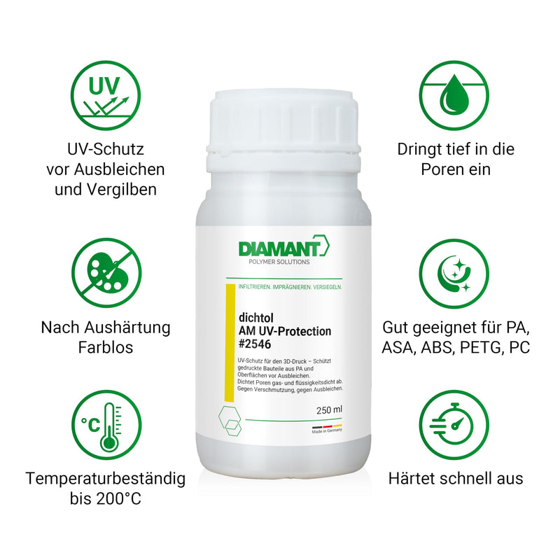 Diamant dichtol AM UV Protection Sealant for 3D-Printed Parts | UV-Resistant & Waterproof | for PLA, ASA, ABS & SLS | Impregnation to Prevent Discoloration & Fading (0.25 l) 0.25 l