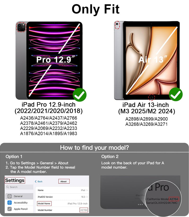 Clear Case for iPad Pro 12.9 inch 6th/5th/4th/3rd Gen & iPad Air 13 inch (M4/M3/M2) with Pencil Holder, Smart Slim TPU Case with Transparent Hard PC Back Cover, Auto Wake/Sleep (Gray) iPad Pro 12.9 & Air 13 inch Case Gray