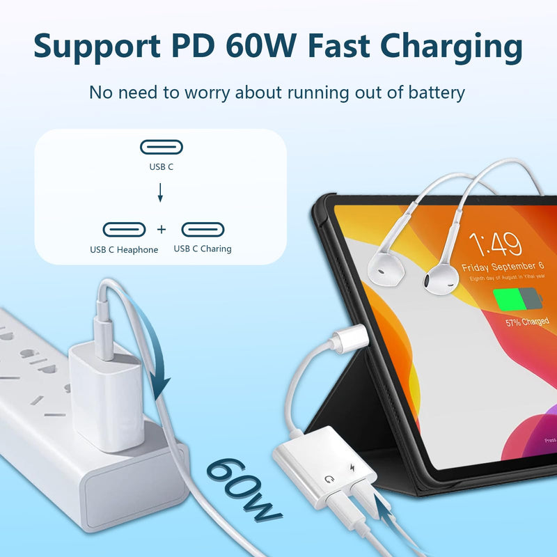 Dual USB C Headphone and Charger Adapter for iPhone, USB Type C to Aux Audio + Charge Dongle Adapter for iPhone 17/17 Pro/17 Pro Max/Air/16/16 Pro Max/15/15 Pro Max (1PACK) 1PACK