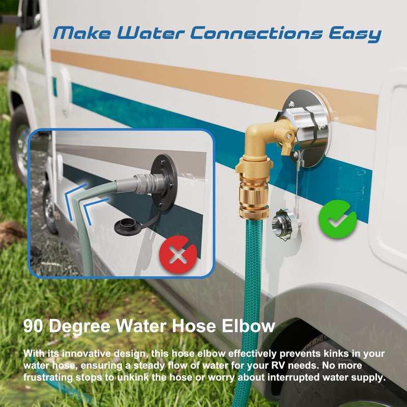 All Metal RV City Water Inlet with Check Valve, RV Water Inlet Replacement, Adjustable 90° Brass Hose Elbow, 3/4" GHT Quick Hose Connector, for RV Camper Motorhome Trailer Marine Water Inlet with 90° Elbow and Quick Connector