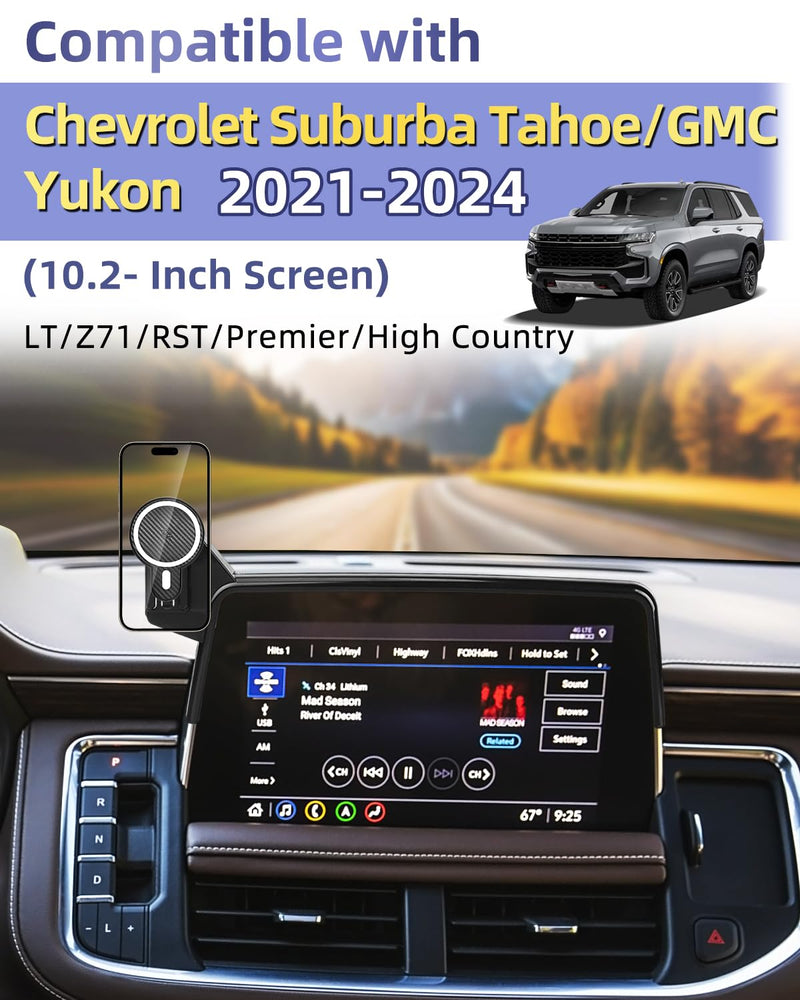 PZK Magnetic Car Phone Mount for 2021-2024 Chevy Tahoe/Suburban/GMC Yukon | 10.2-inch Screen Magsafe 15W Fast Wireless Charger Car Phone Holder LT/Z71/RST/High Country 360° Rotation Hands-Free Stand Tahoe/Suburban/GMC Yukon/GMC Yukon XL 2021-2024