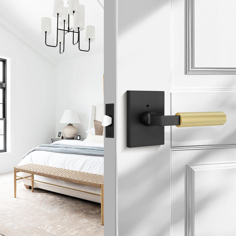 Probrico Brushed Gold Door Handles with Black Lever, Knurled Privacy Door Handle with Push Button Lock for Bedroom or Bathroom, Modern Interior Door Handle, Heavy Duty Keyless Privacy Lever Matte Black&Gold 1