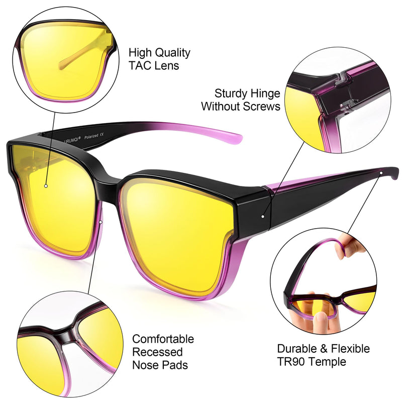 Oversized Polarized Night Driving Glasses Fit Over Glasses Unisex | Oversized Polarized Night Vision Lenses, Anti Glare Yellow Fit Over Prescription Glasses, Ideal for Night Driving B05 Gradient Purple Frame/Night Vision Lens