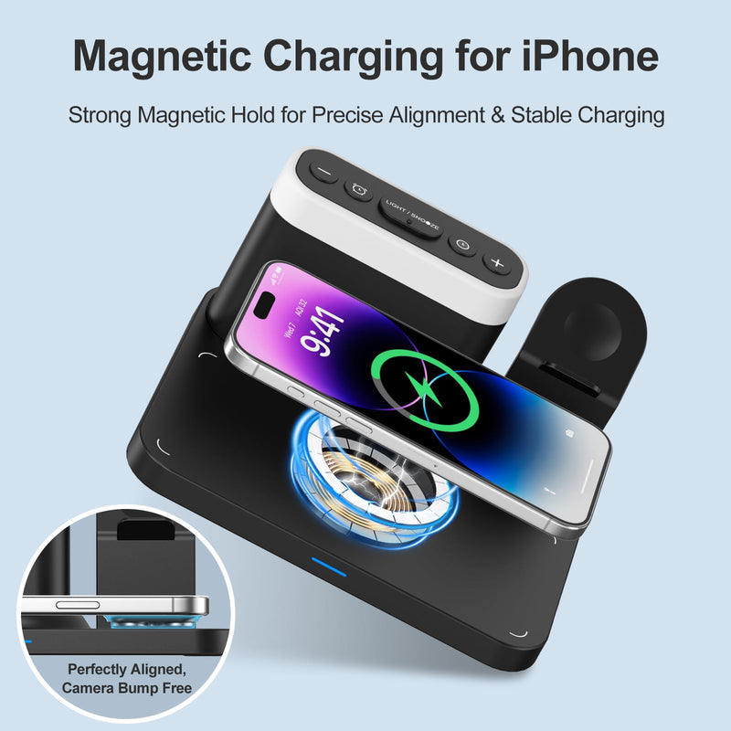 ANJANK Wireless Charging Station,5 in 1 Multiple Charger Stand with Alarm Clock,7 Night Light,Mag-Safe Charging Dock for iPhone 17 16 15 14 13 12 Pro Max Plus,Apple Watch 11/10/9/8,for Airpods,Bedroom Black