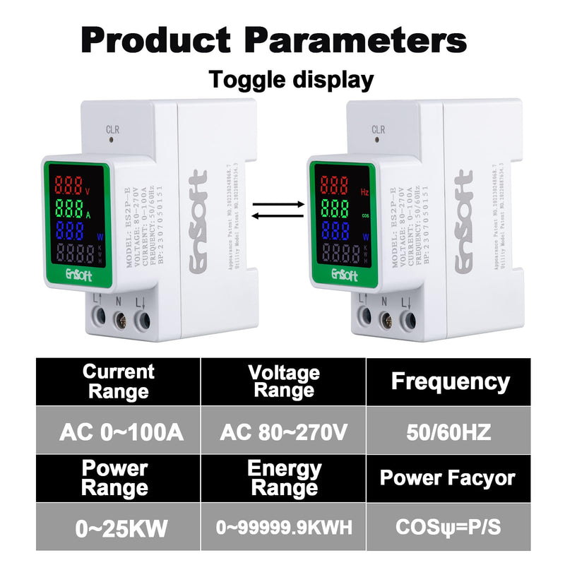 AC Digital Energy Meter,AC 80-270V 100A Ampermeter Voltmeter Ammeter Voltage Tester Amps Watt Kwh Frequency Power Factor Meter Multimeter (Built-in CT) 6 in 1