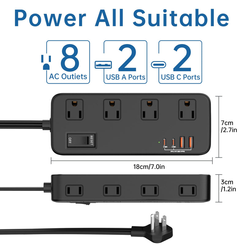 Power Strip with Surge Protector, Outlet Extender,8 AC, 2 USB A,2 USB C Port for 17W Power Strip Charger 5ft Power Cord 1875W 100-250V for Home, Office, Dorm Essential,Black