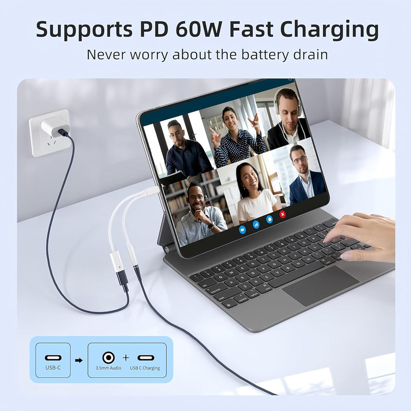 2 in 1 Usbc Splitter Aux and Charging Bundle [USB-c Splitter & USB C to 3.5mm Jack and Charger],PD 60W Fast Charging and Hi-Fi Audio,for iPhone 15 16 17/iPad Pro/Galaxy/Pixel 2 Style usb c splitter kit