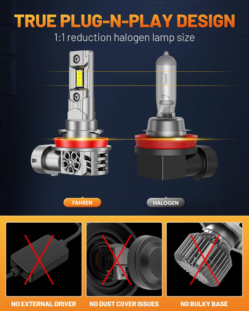 Fahren New-Gen & Mordern H11 Bulbs, 1000% 45000LM Upgrade Brightness, H9 H8 Fog Lights 1:1 Size with 20000RPM Silent Cooling Fan Quick Install, Back Up Light Assemblies Pack of 2