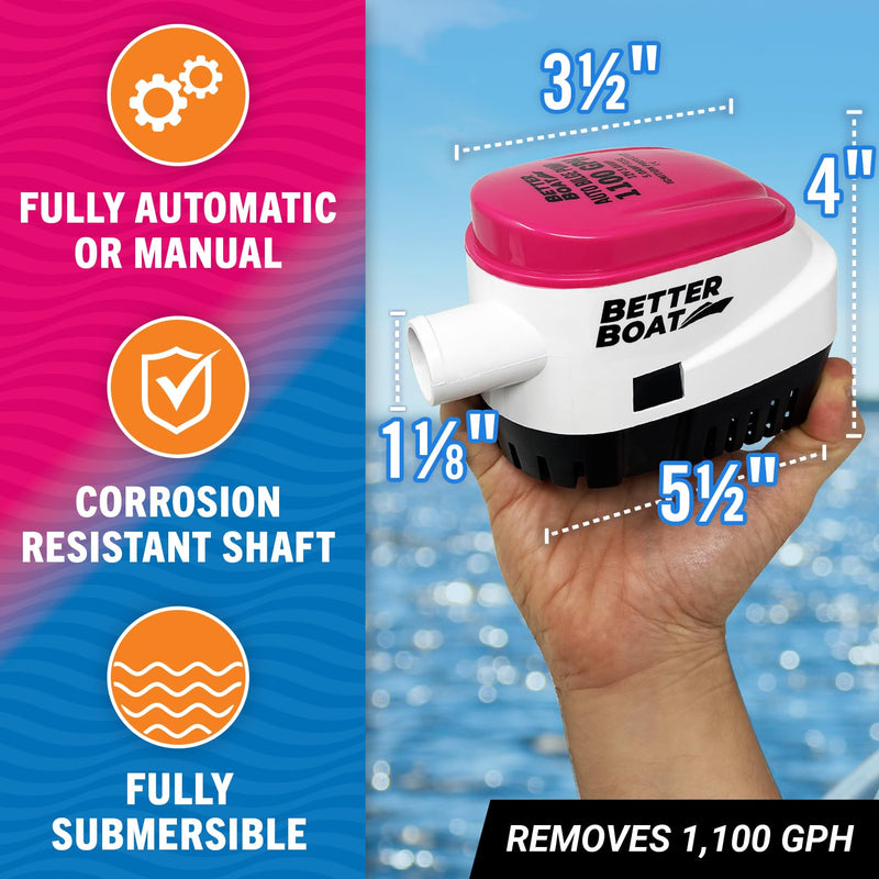Automatic Bilge Pump 1100 GPH 12V with Built-In Float Switch, 1-1/8 Inch Outlet, 5-Year Warranty, Submersible for Bass Boats, Jon Boats - Better Boat