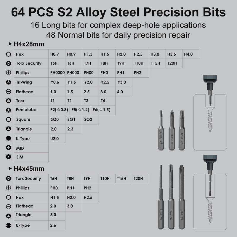 STREBITO Mini Electric Screwdriver Set, 70 in 1 Small Electric Screwdriver - 64 S2 Preicison Bits, 5 Torque Settings, 4 LED Lights, Mini Power Screwdriver Repair Tool Kit for PC Electronic (Standard) Standard