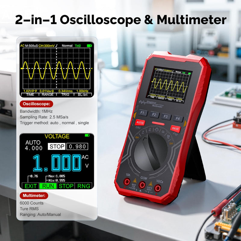 2-in-1 Handheld Oscilloscope Multimeter - 1MHz Bandwidth 2.5MS/s Sampling Rate, Digital Oscilloscope & Auto-Ranging Multimeter Combo, 2.4" Backlit Display with Probes, for Electronics DIY, Repair HO-12