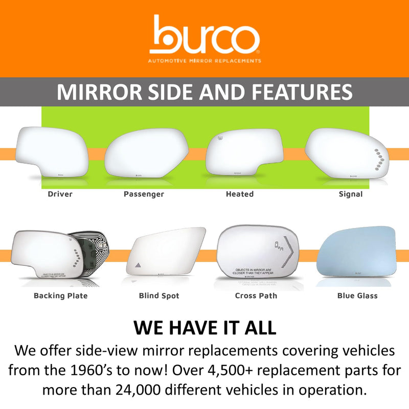 Burco 4205H Upper Flat Passenger Side View Power Mirror Glass, OEM# DL3Z17K707A/7C3Z17K707F/DL3Z17682AA/9C3Z17682BA, Fits Ford F-150 F-250/F-350/F-450 Super Duty F-550 Super Duty F-650/F-750 F650/F750