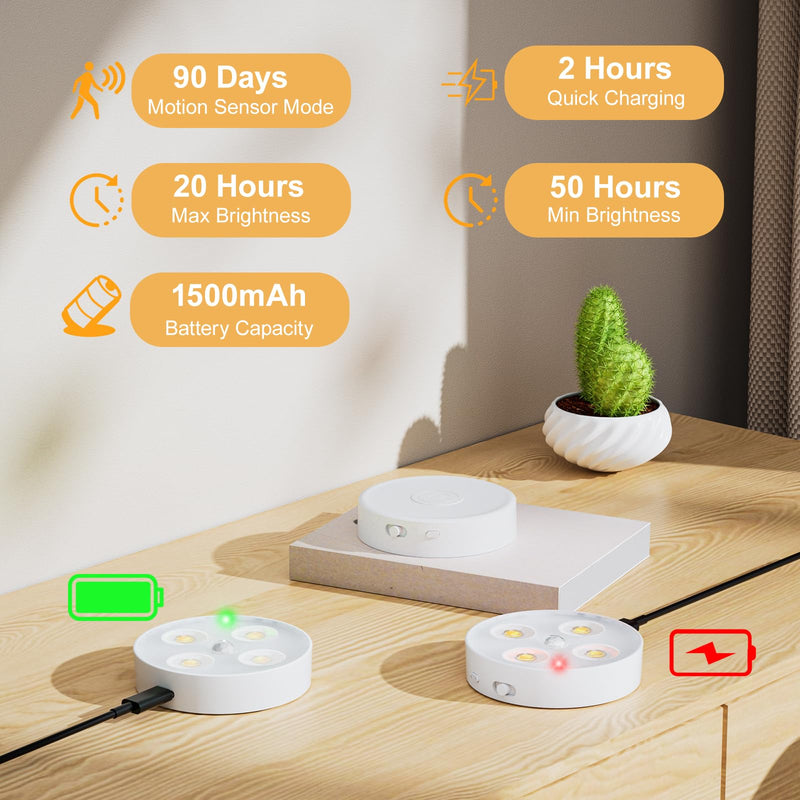 Under Cabinet Lighting, 1500mAh Rechargeable Motion Sensor Puck Lights with Remote, 3 Color Temper, Magnetic Stick on Light, Dimmable Under Counter Lights for Kitchen, Shelf, Closet, Stair, 6Pack 6 Pack Warm White & CoolWhite