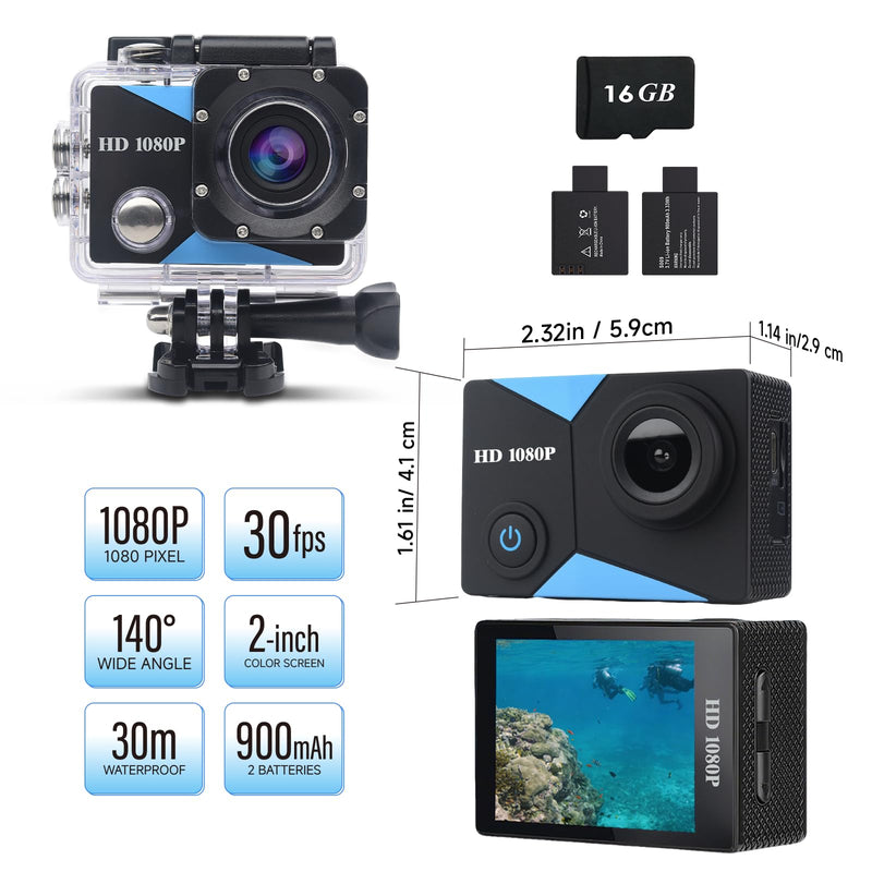 Action Camera 1080P Sports Camera 16GB Memory Card Action Cam 131ft Underwater Waterproof with 2 X Batteries with Accessories Kit Suitable for Helmet, Bicycle, etc. Indigo Black