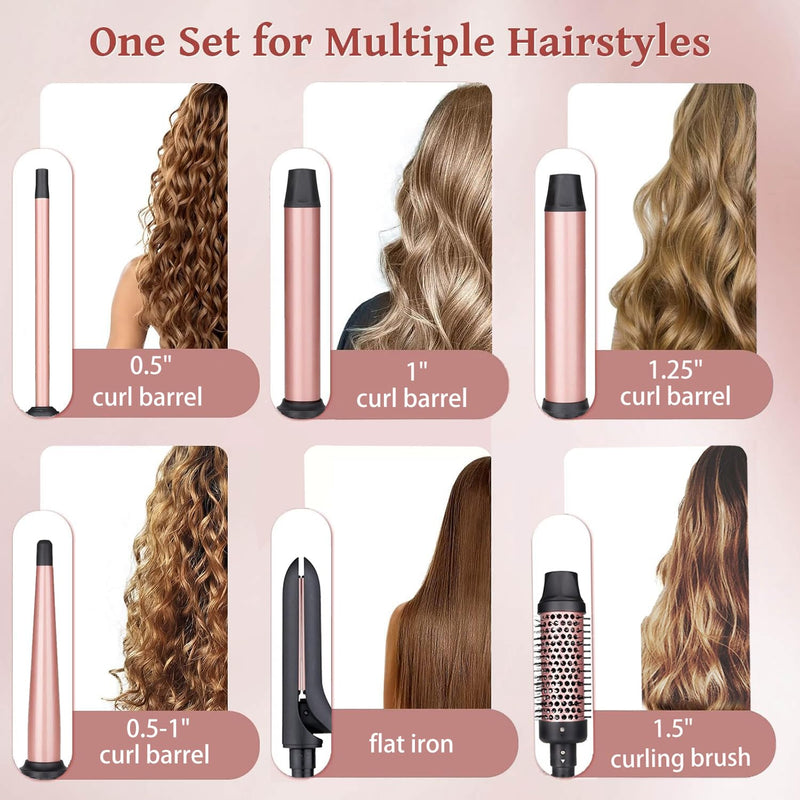 UNOBEY 6 in 1 Curling Iron Wand Set with Curling Iron Brush Interchangeable | Ceramic Barrels Hair Straightener Curling Wand(0.5"-1.25"), Instant Heat Up, Dual Voltage Hair Curler Tools, Include Glove