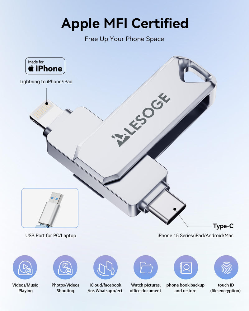 MFi Certified 256GB Flash Drive for iPhone Photo Stick Thumb Drive, USB Memory Stick iPhone Flash Drive for Photos Videos, High Speed Jump Drive External Storage for iPhone/iPad/Android/PC (Silver) Light Grey