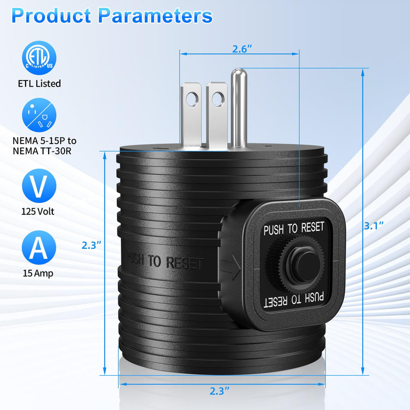 30 Amp to 110 AdapterNEMA 5-15P Male Plug to NEMA TT-30R Female Receptacle with 15A Rated Breaker Grounding House Power to RV Camper ETL Listed